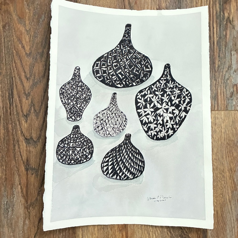 Six Indian Pots Original Ink Wash Painting 11x15 Warren C Plauche